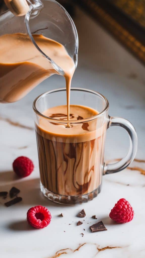 A creamy raspberry-chocolate milk mixture being poured from a small pitcher into a tall glass mug of espresso, creating soft swirls in the drink.