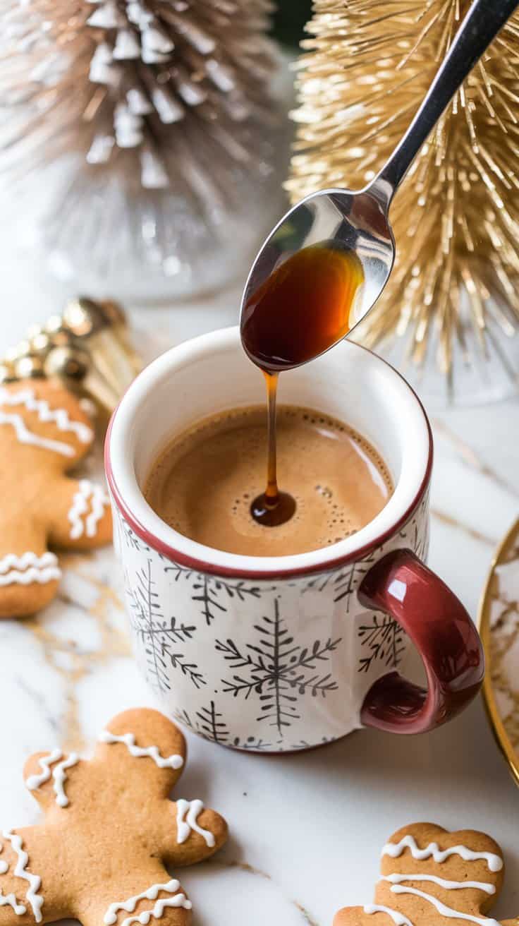 A festive ceramic mug with espresso being mixed with gingerbread syrup