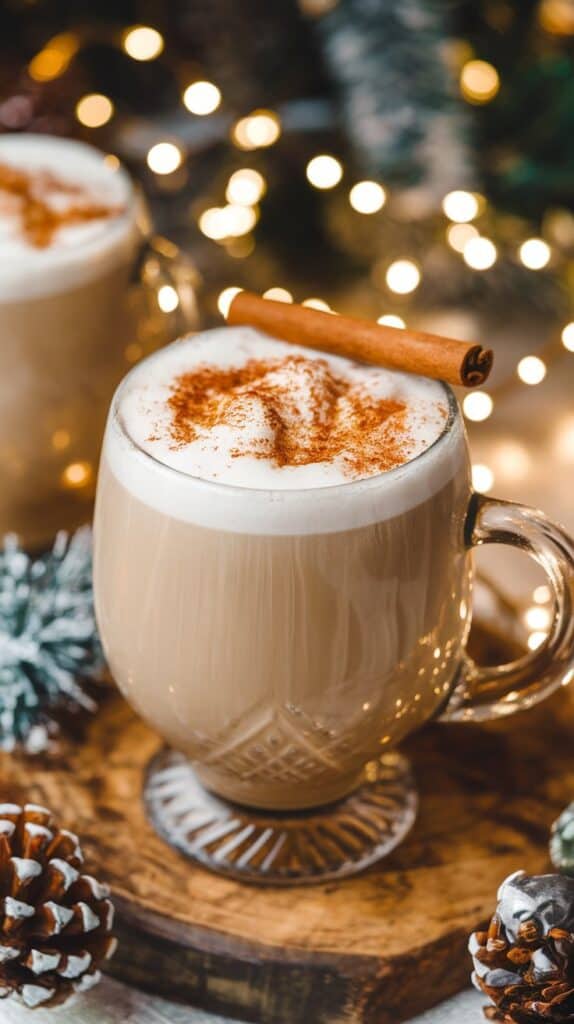 A chocolate eggnog martini garnished with a festive rim, sitting on a plate with holiday decorations.