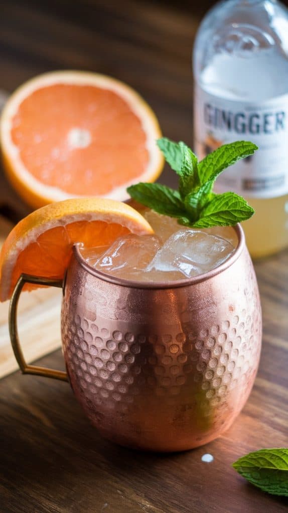 A copper mug being topped with fizzy ginger beer, with bubbles rising to the surface.
