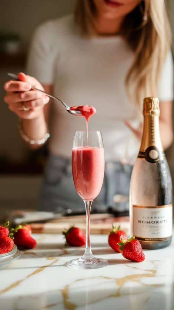 A champagne flute with a spoonful of vibrant pink strawberry puree added to the bottom.