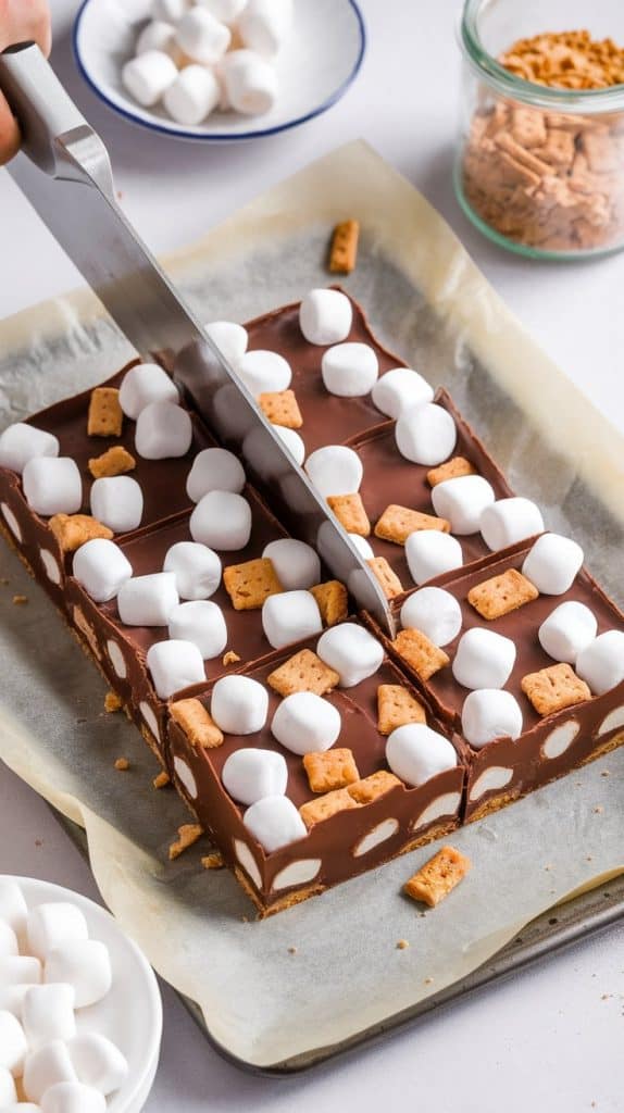 A batch of s’mores fudge on parchment paper being cut into neat square pieces with a knife. 