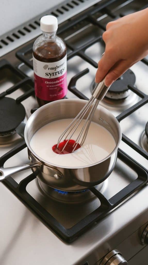 A hand stirring raspberry syrup and chocolate syrup into a saucepan of warm milk, with a whisk and syrup bottles nearby on a stovetop.