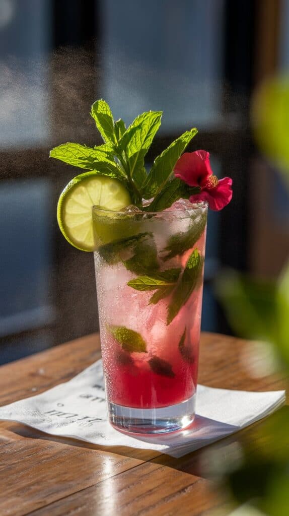 A finished hibiscus mojito in a tall glass, garnished with fresh mint, a lime wheel, and a hibiscus flower.