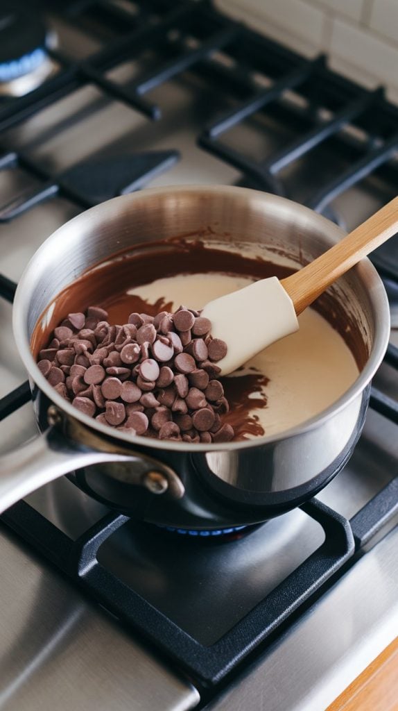 A medium saucepan on a stainless steel gas stove with semi-sweet chocolate chips and sweetened condensed milk being stirred into a smooth, creamy mixture.
