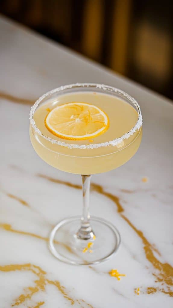 a Meyer Lemon Drop Martini in a sugar-rimmed glass, garnished with a thin Meyer lemon slice floating on top 