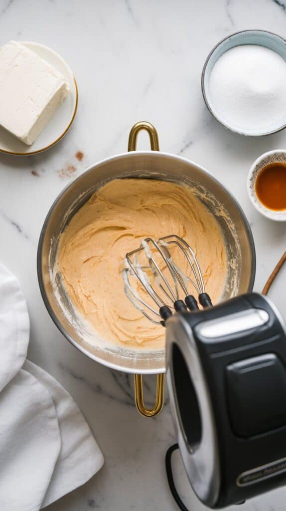 A mixing bowl filled with cheesecake batter being mixed with an electric hand mixer