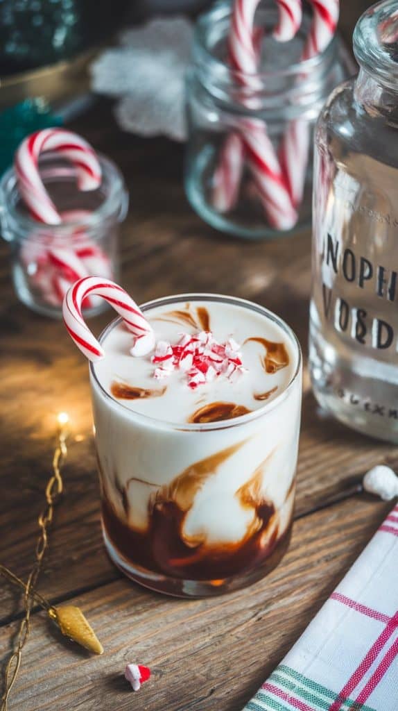 A finished Peppermint White Russian in a rocks glass, garnished with a mini candy cane and crushed peppermint, set on a rustic wooden table with candy canes and napkin nearby.