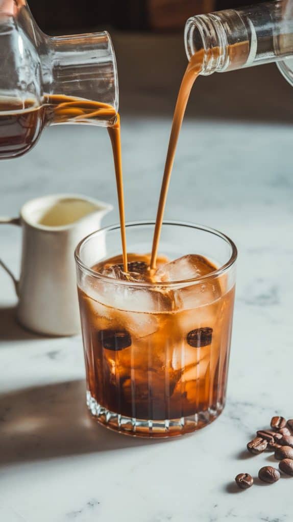 A sleek rocks glass being filled with clear ice cubes, set on a marble counter with bottles of vodka, coffee liqueur, and a freshly brewed espresso shot nearby.