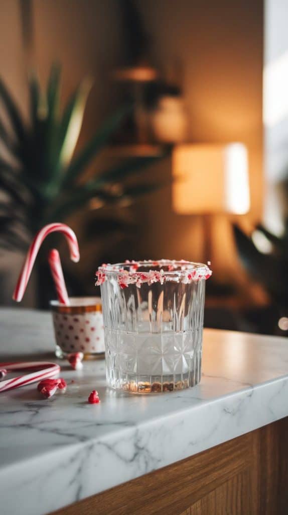 A rocks glass being rimmed with crushed candy canes, set on a white marble counter with candy canes and cream nearby.