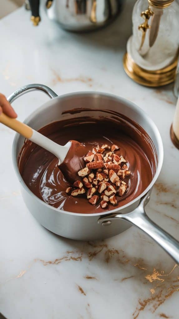 A saucepan off the heat with smooth chocolate fudge mixture being folded together with chopped pecans using a spatula.