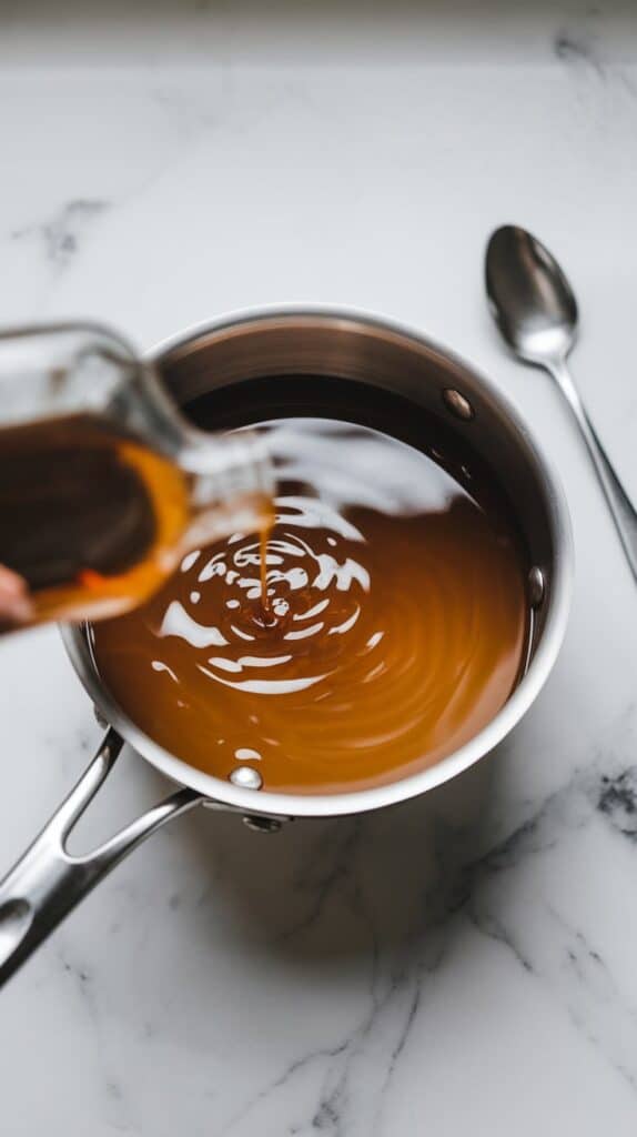 a saucepan on a white marble countertop where someone is pouring vanilla extract into the glossy, slightly thickened syrup.