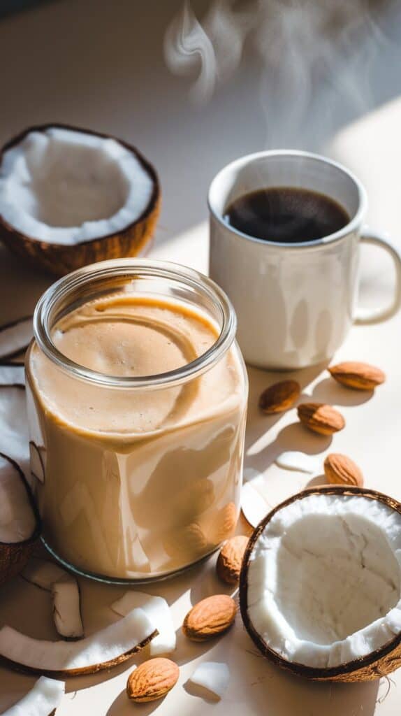 A clean glass jar being filled with liquid eggnog coffee creamer