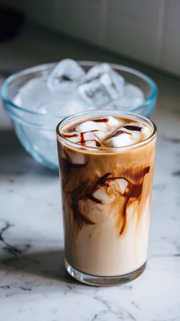 A tall glass of cold coffee, almond milk, heavy cream, sugar-free chocolate syrup, peppermint extract, and keto sweetener filled with ice cubes
