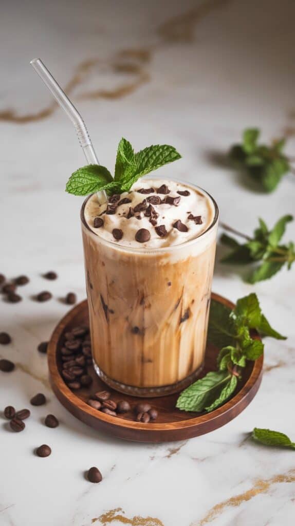 A tall glass filled with creamy mint chocolate chip protein iced coffee, garnished with mini chocolate chips and a fresh mint leaf, served with a reusable straw on a small wooden tr