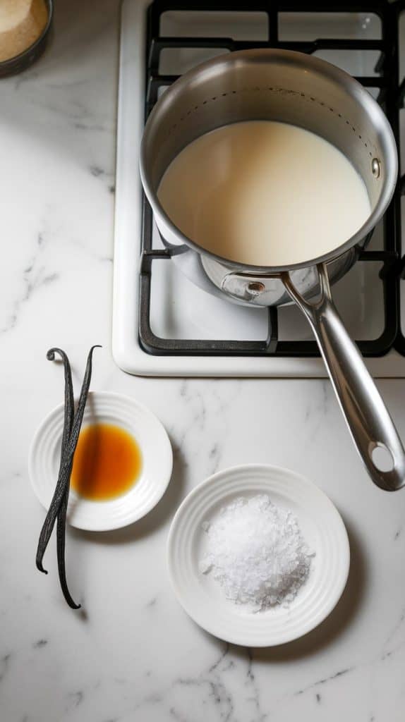 A saucepan of half-and-half off the stove on a white marble counter with vanilla extract being poured in from a small plate and a plate of sea salt near by