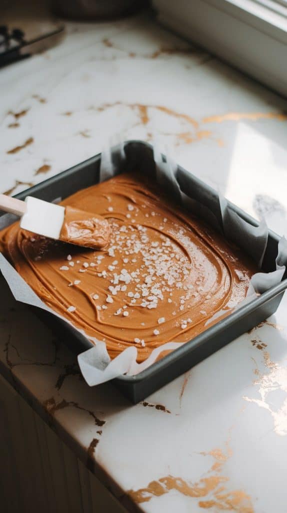 An 8x8 baking pan lined with parchment paper, filled with salted caramel fudge being spread evenly with a spatula. 