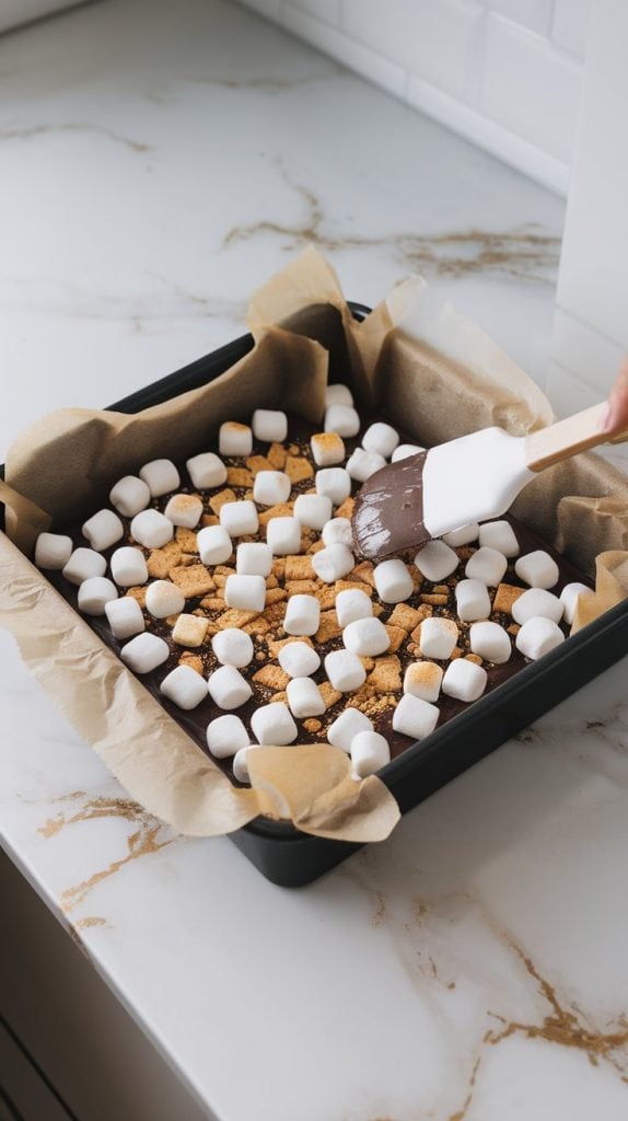 An 8x8 baking pan lined with parchment paper, filled with s’mores fudge being spread evenly with a spatula. Extra marshmallows and graham cracker crumbs are sprinkled on top for garnish. 
