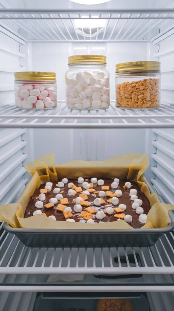 An 8x8 pan of s’mores fudge resting in a modern stainless steel fridge, with visible marshmallows and graham cracker pieces on top. 