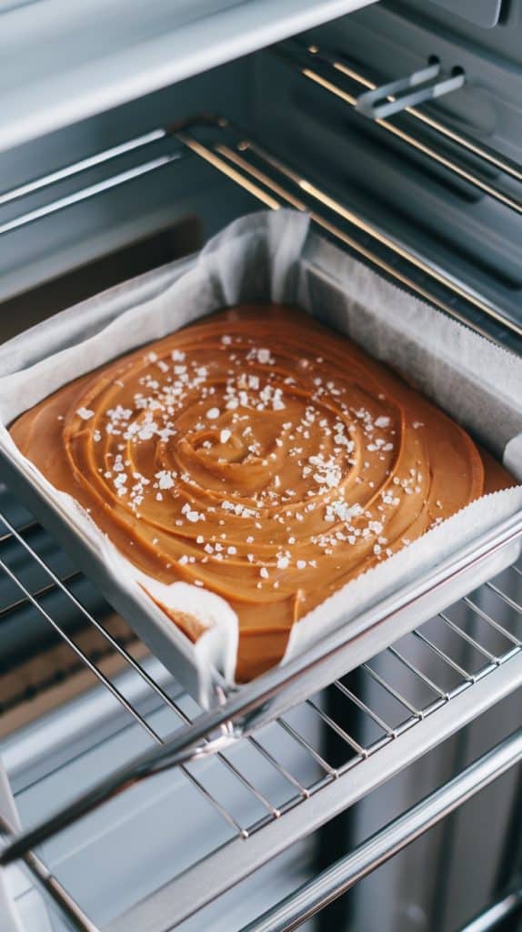 An 8x8 pan of salted caramel fudge resting in a modern stainless steel fridge, lined with parchment paper