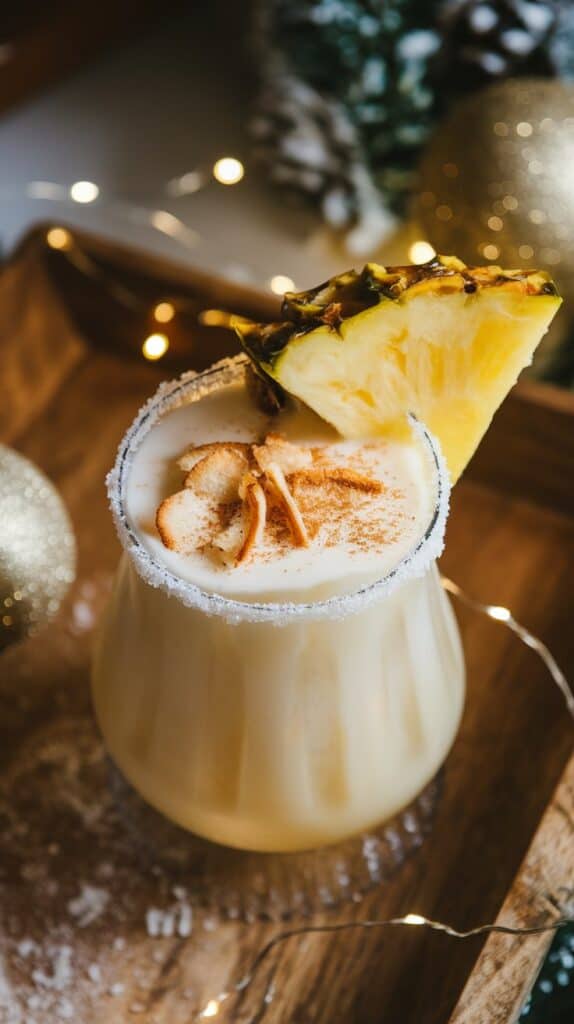A glass of Eggnog Brandy Alexander topped with a sprinkle of nutmeg, set against a backdrop of warm holiday lights.