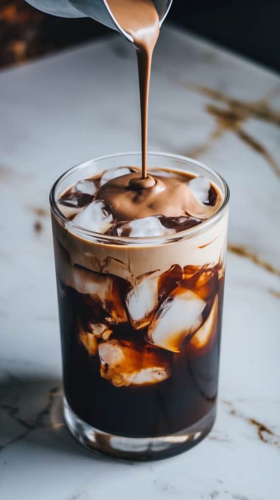 a tall glass filled with ice and dark cold brew coffee, with light brown, silky chocolate cream being poured on top, resting over the cold brew coffee without mixing