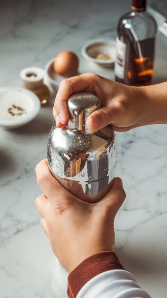 hands shaking a silver cocktail shaker
