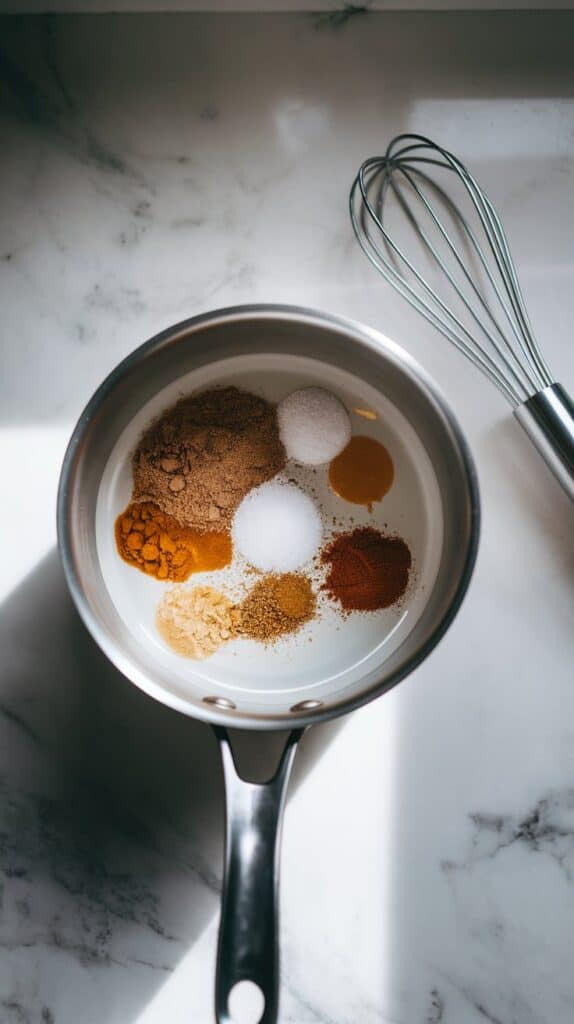 a small saucepan on a white marble countertop with all the ingredients