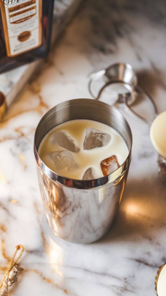 A close-up of a cocktail shaker with Amaretto, eggnog, and ice cubes inside with no lid on