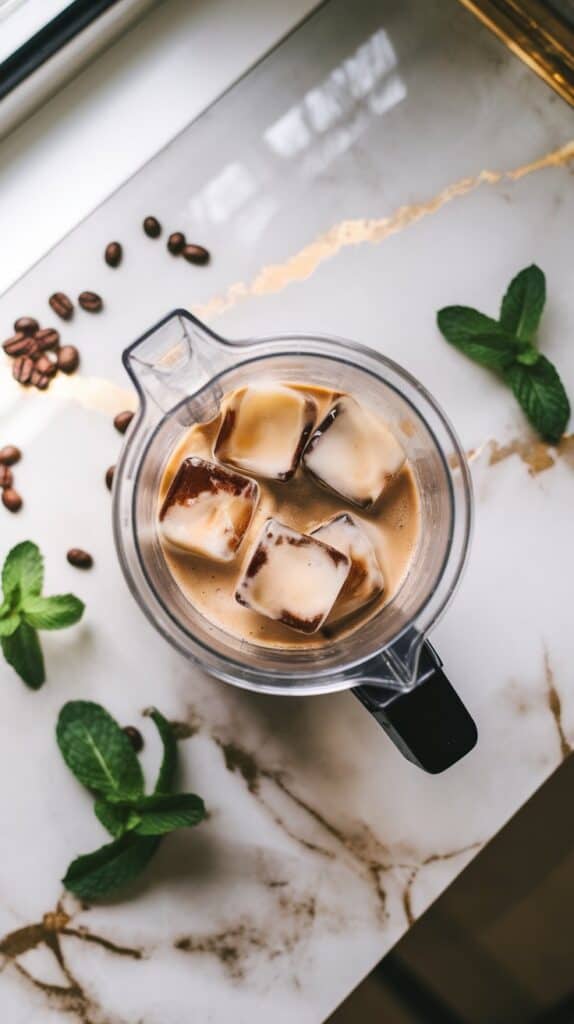 A blender with creamy iced coffee mixture , with scattered coffee beans and mint leaves around the blender base on white marble counters with hints of gold