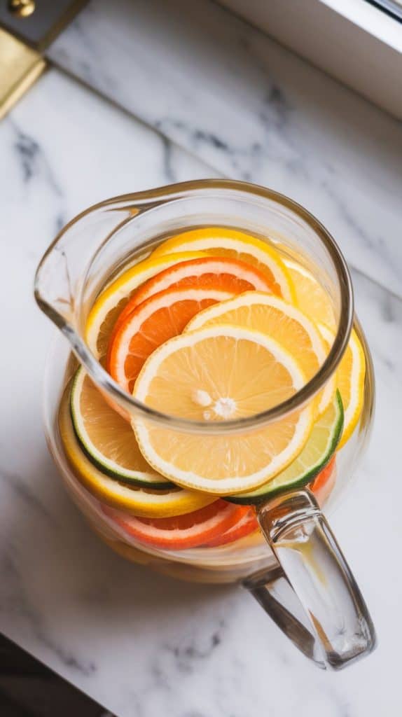 thin, vibrant slices of Meyer lemons, oranges, and lime piled in a clear glass pitcher