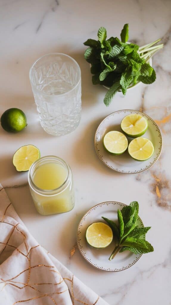 A tall glass with fresh mint leaves and lime juice being muddled at the bottom with a wooden muddler.