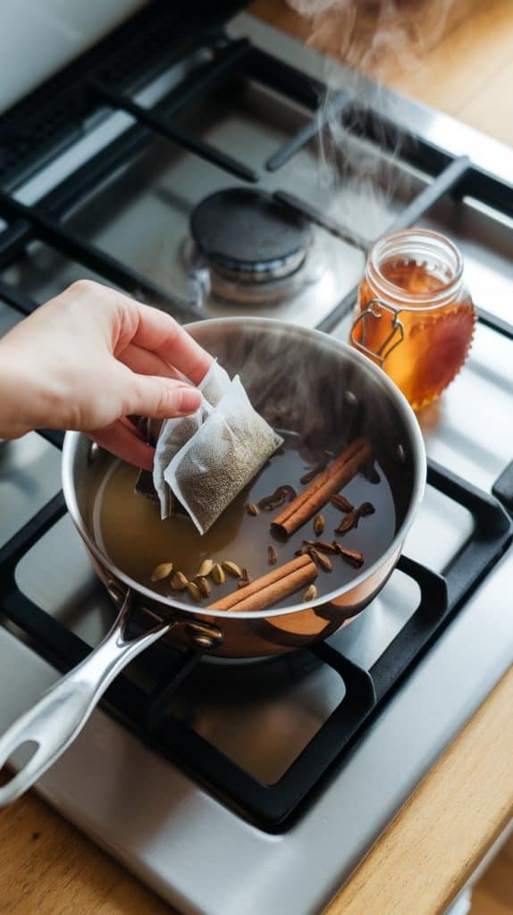 A hand adding black tea bags to a saucepan with simmering chai spices, with steam rising from the pan and a honey jar nearby.