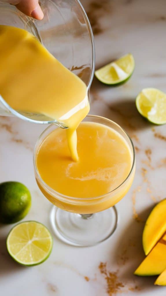 A frosty frozen mango daiquiri served in a clear couple glass, garnished with a lime wheel and a small slice of mango on the rim