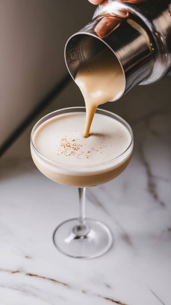 A martini glass being filled with the creamy, frothy Eggnog Brandy Alexander from a cocktail shaker