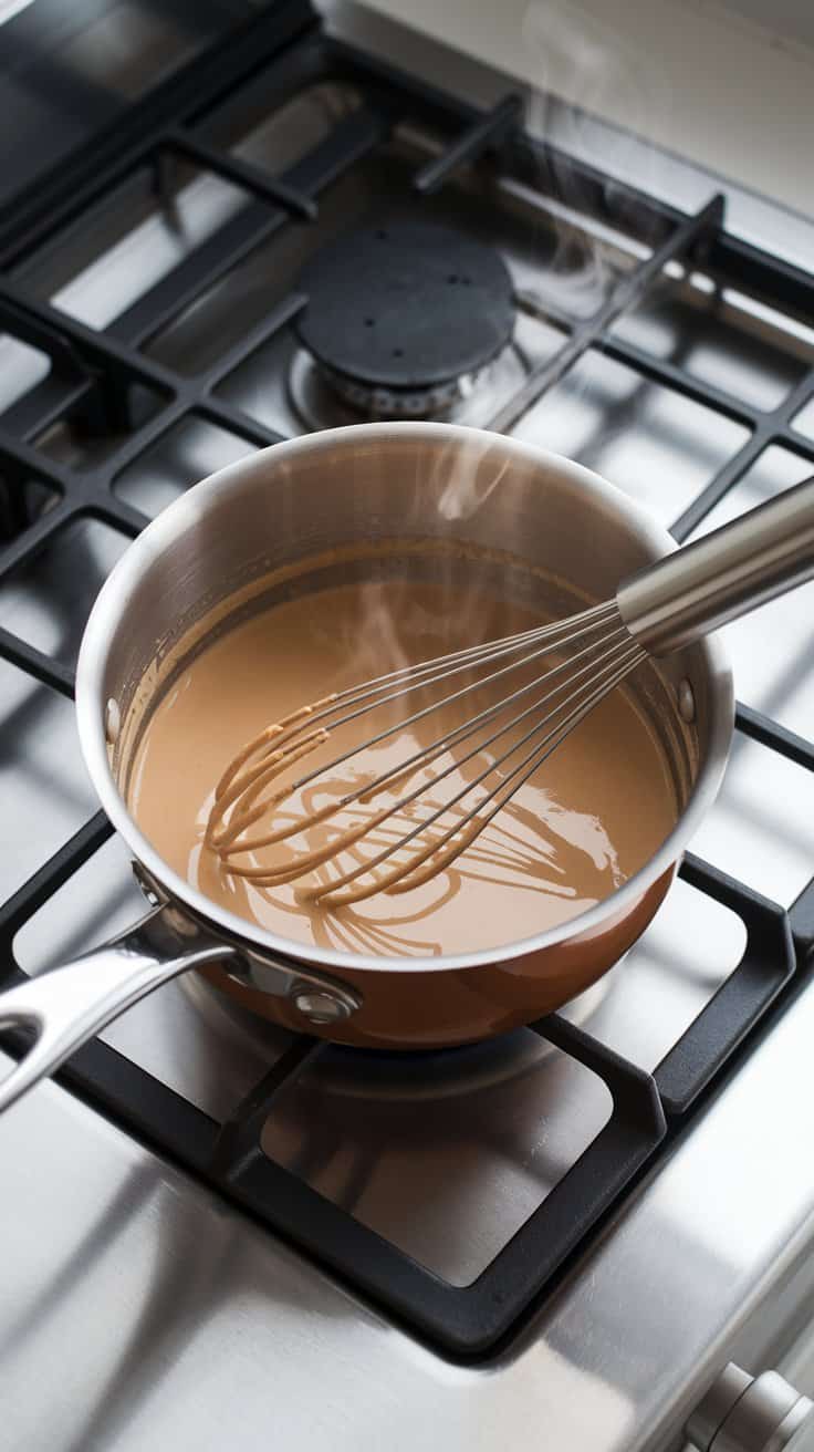 A medium saucepan on a modern stainless steel gas stove with the toffee nut creamer mixture being whisked as it warms