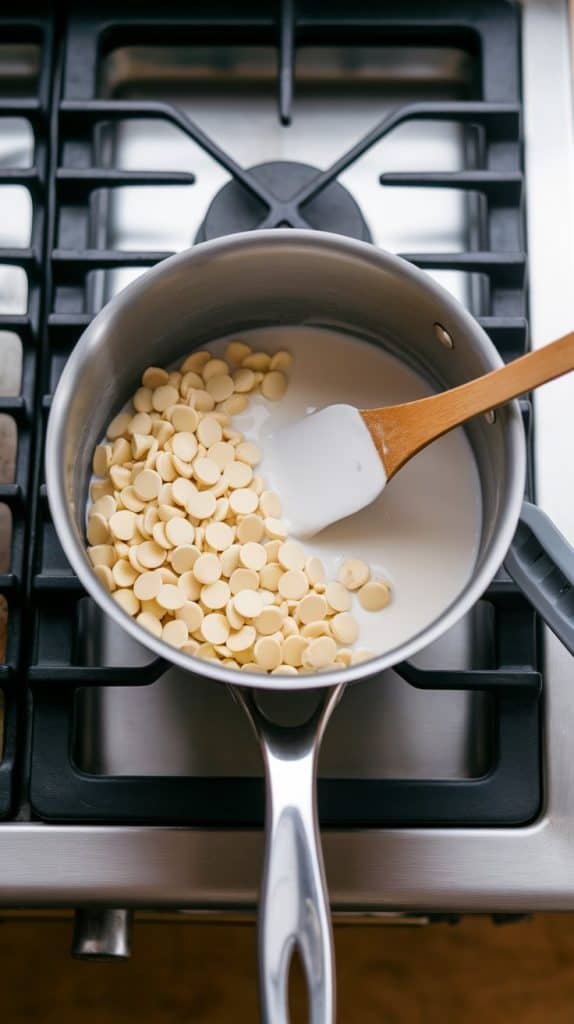 A medium saucepan on a stainless steel gas stove with white chocolate chips and milk being stirred into a smooth mixture. 