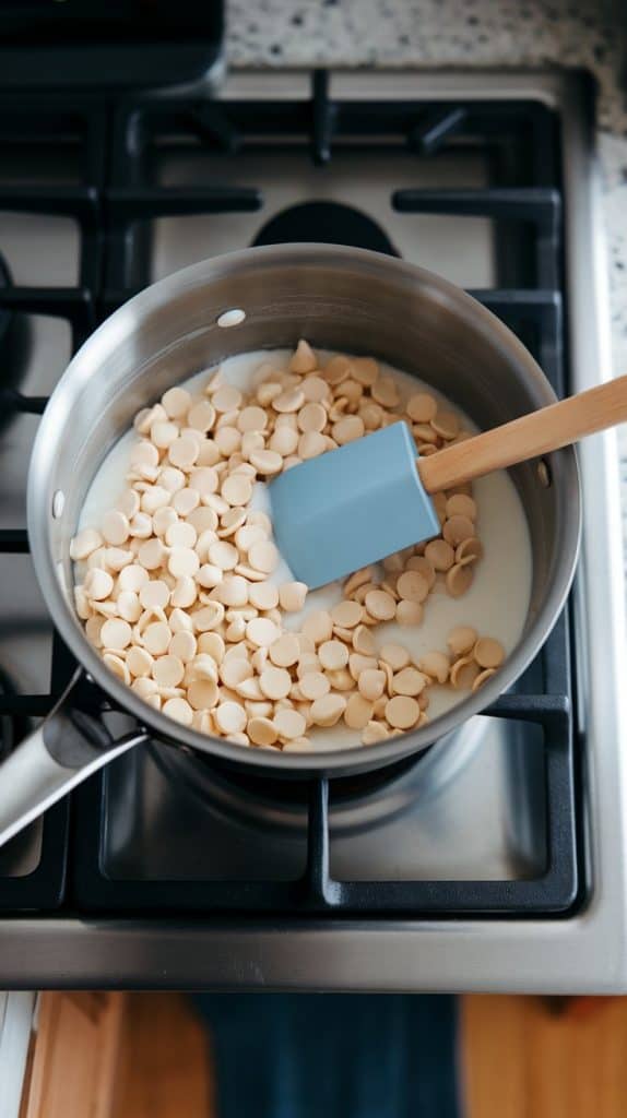 A medium saucepan on a stainless steel gas stove with white chocolate chips and sweetened condensed milk being stirred into a smooth mixture.