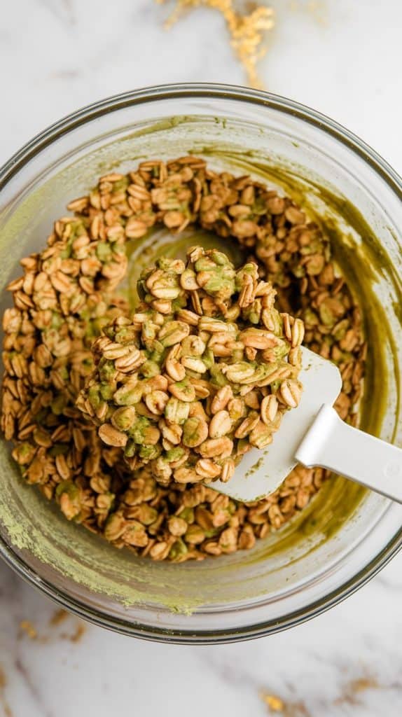 a mixing bowl filled with thick, sticky oats coated in a golden matcha-almond butter mixture