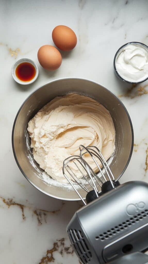 A mixing bowl with cream cheese and sugar being mixed with a hand mixer.