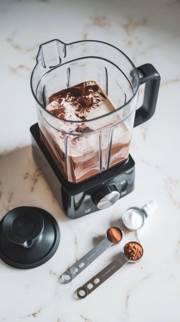 A sleek blender filled with a mixture of cold brew coffee, almond milk, chocolate protein powder, cocoa powder, and a dropper bottle of peppermint extract nearby