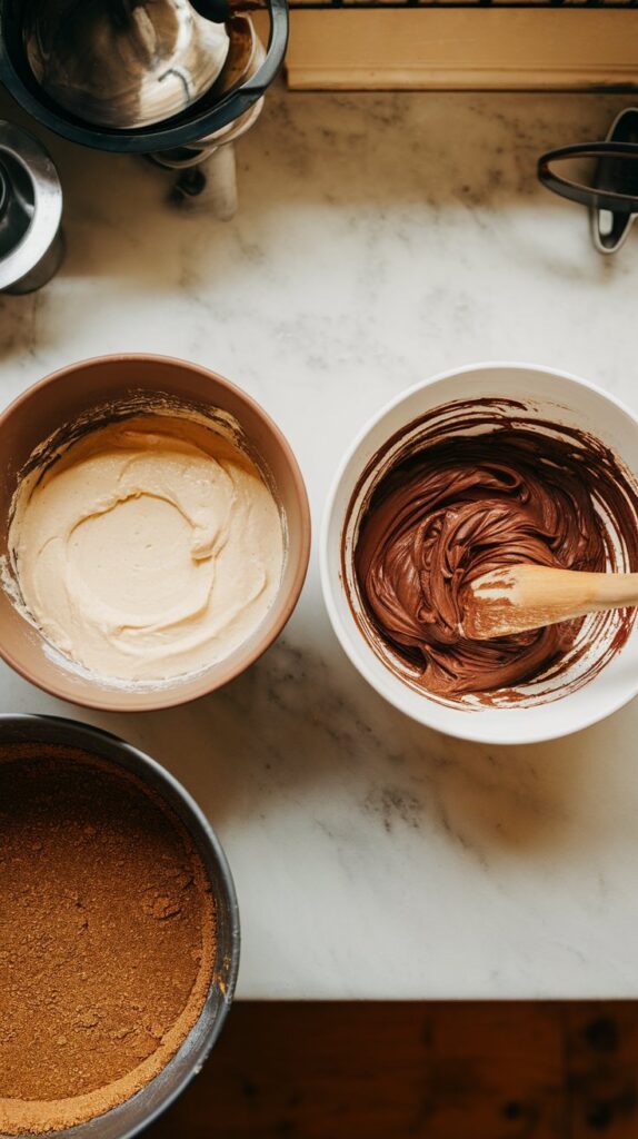 ne with plain cheesecake batter, the other with chocolate batter being mixed