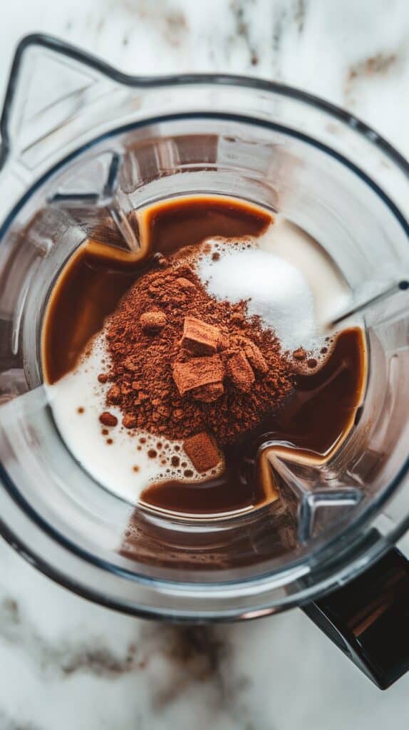 1. Add coffee, milk, cocoa powder, sugar, and peppermint extract to blender