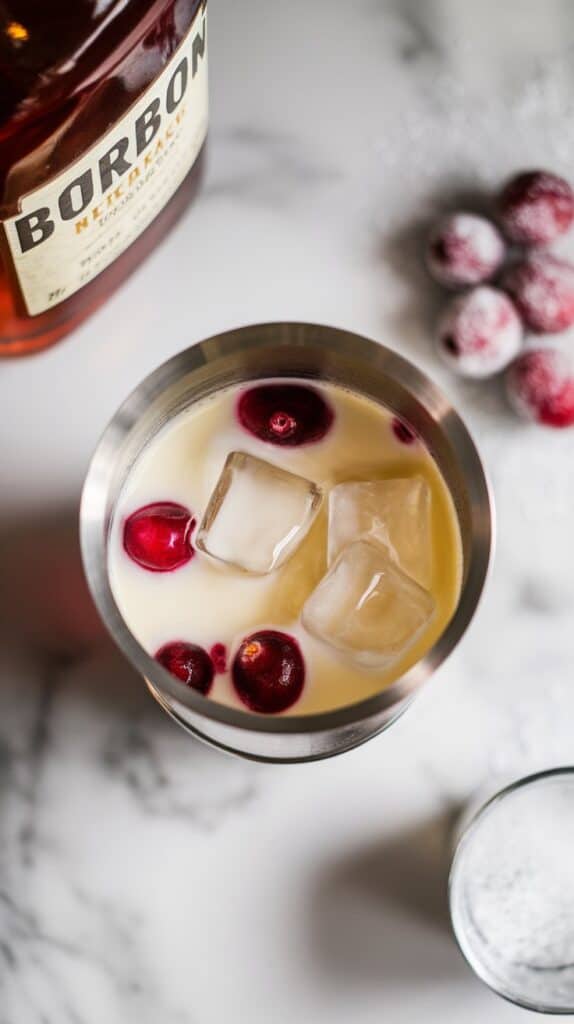 A top-down shot of ice cubes being added to a cocktail shaker