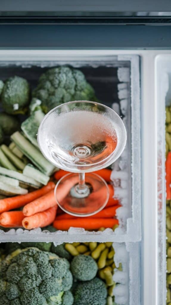 A frosty empty martini glass sitting in the freezer drawer surrounded by icy frost and frozen vegetables