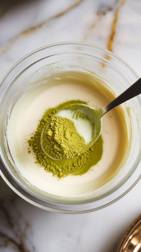 a glass bowl with melted white chocolate and coconut oil, with a spoon stirring in vibrant green matcha powder