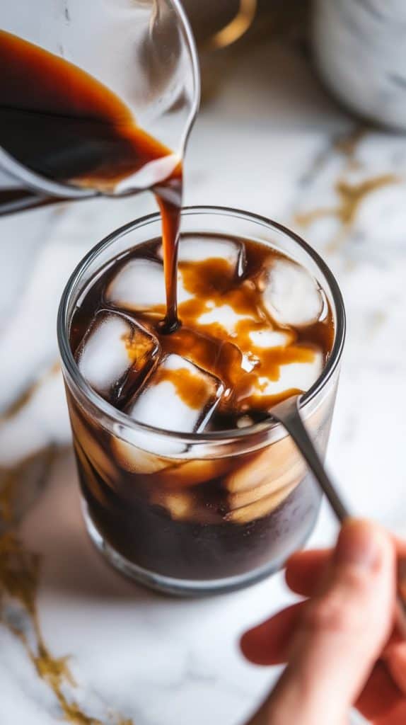 a glass filled with ice cubes, dark cold brew being poured in, followed by a drizzle of golden brown sugar cinnamon syrup