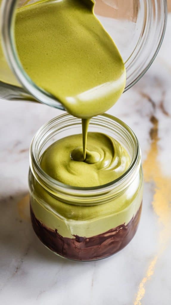 a glass jar being filled with creamy matcha pudding, poured over a firm dark chocolate ganache at the bottom