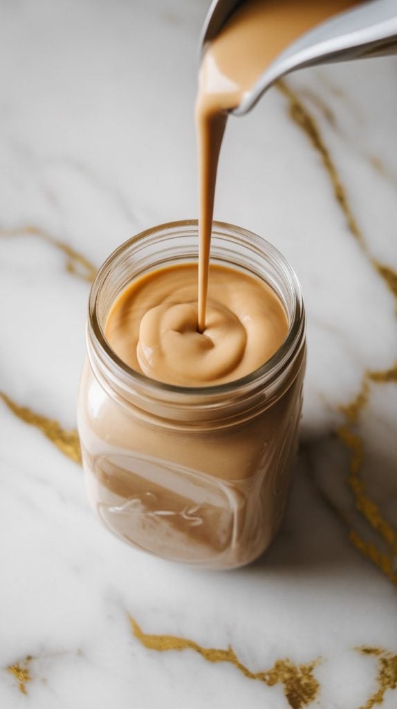 A glass jar filled with strawberry shortcake coffee creamer