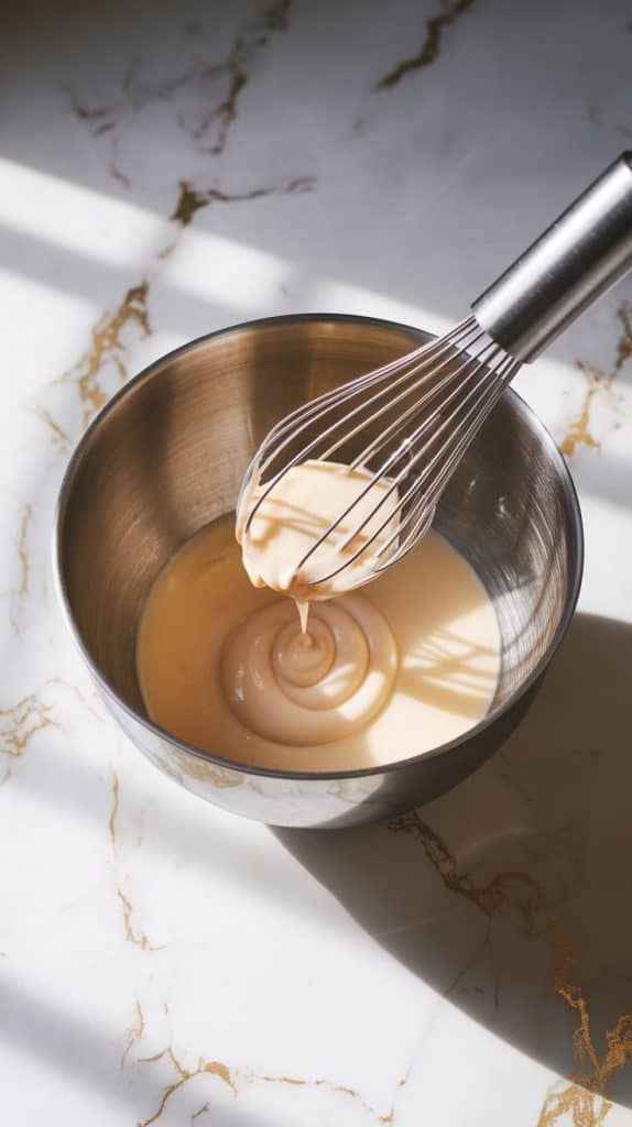 a mixing bowl on a white marble counter with hints of gold